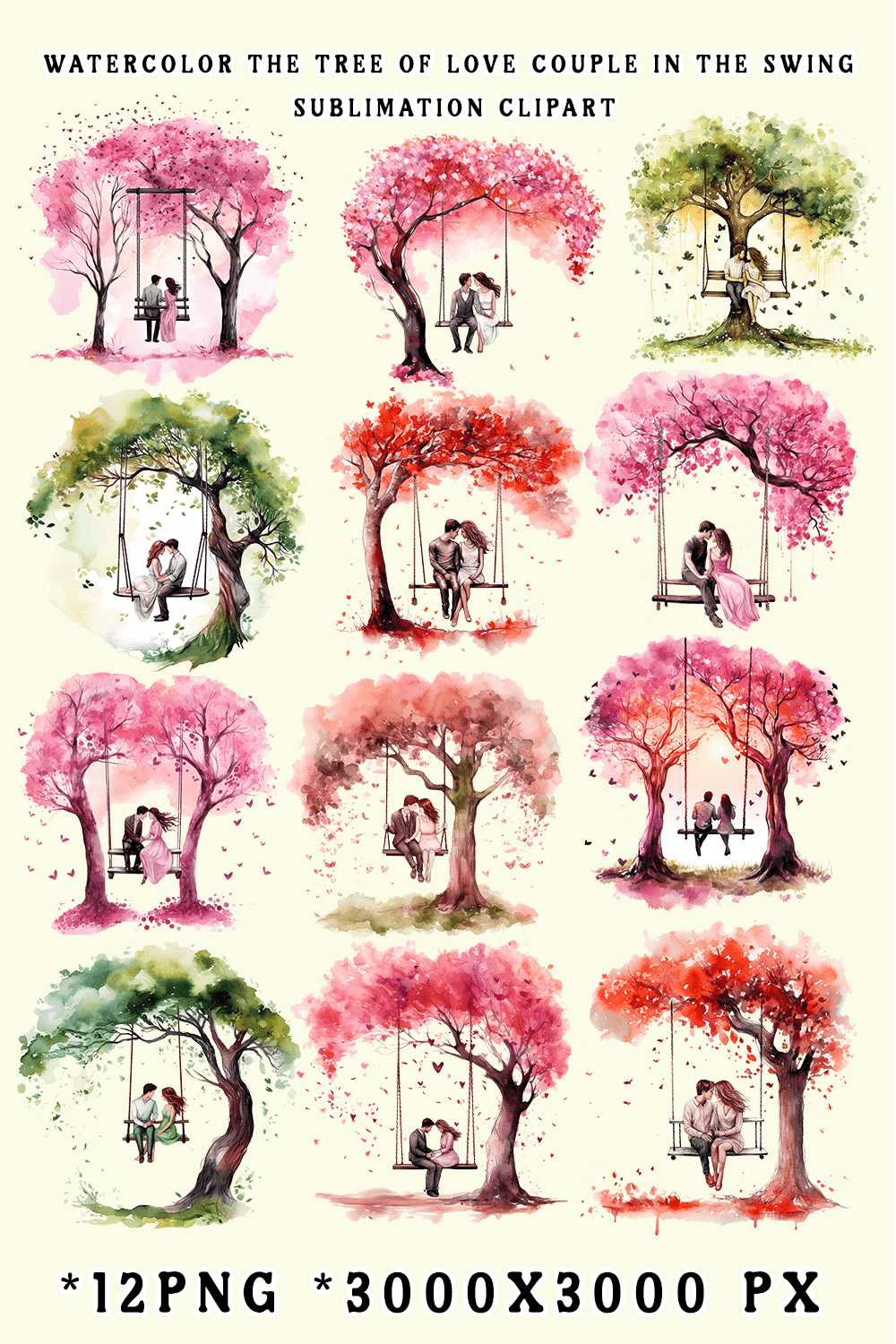 Watercolor The Tree of Love Couple in the Swing Sublimation Clipart pinterest preview image.
