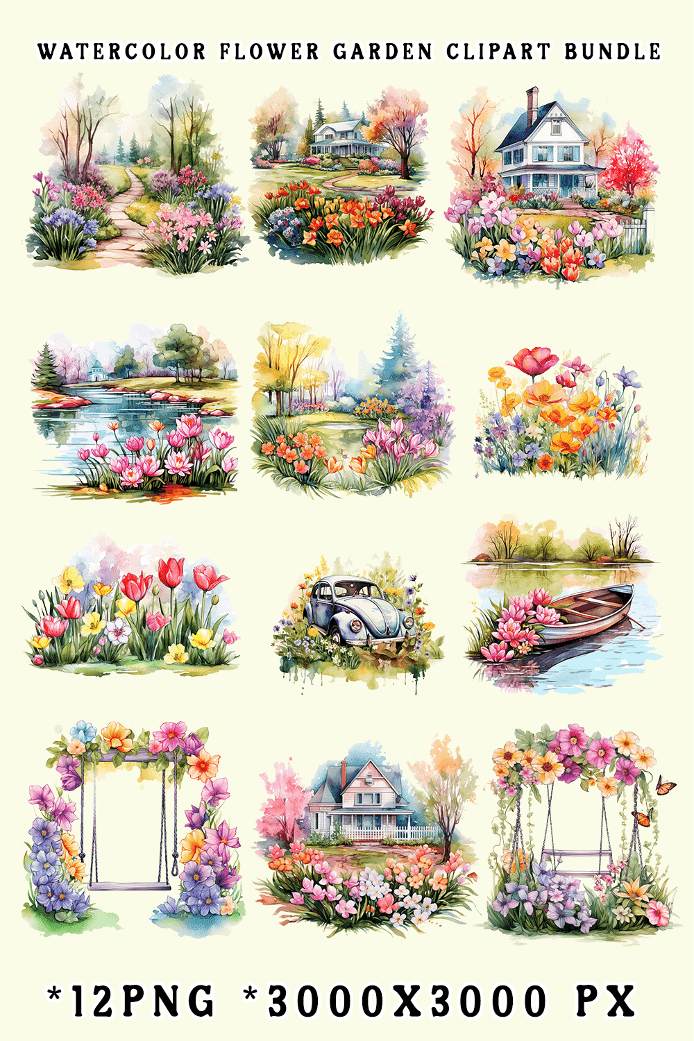 Watercolor Flower Garden Clipart Bundle pinterest preview image.