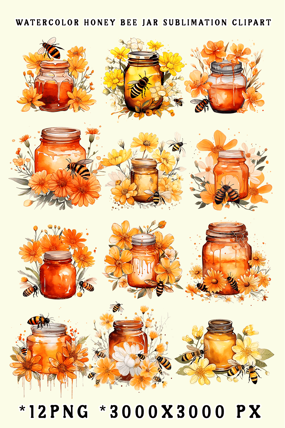 Watercolor Honey Bee Jar Sublimation Clipart pinterest preview image.