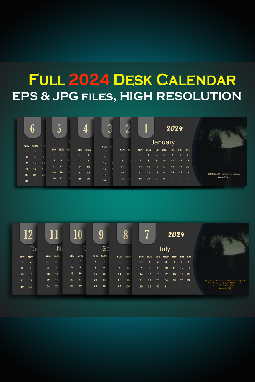 2024 All months Black Desk Calendar With Islamic Quotes pinterest preview image.