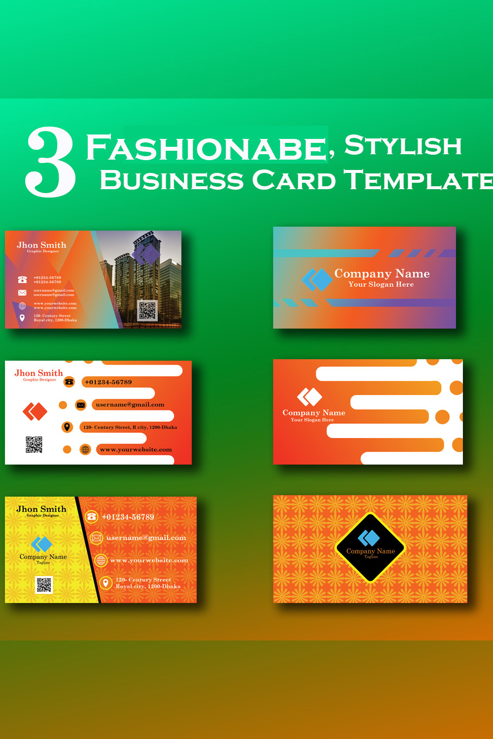 3 Fashionable Stylish Business Card Template pinterest preview image.