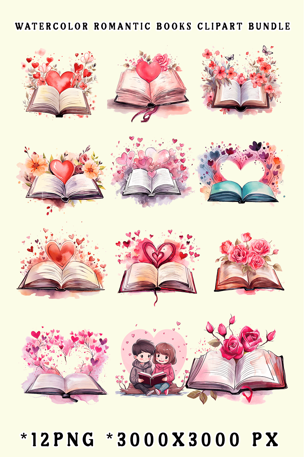 Watercolor Romantic Books Clipart Bundle pinterest preview image.