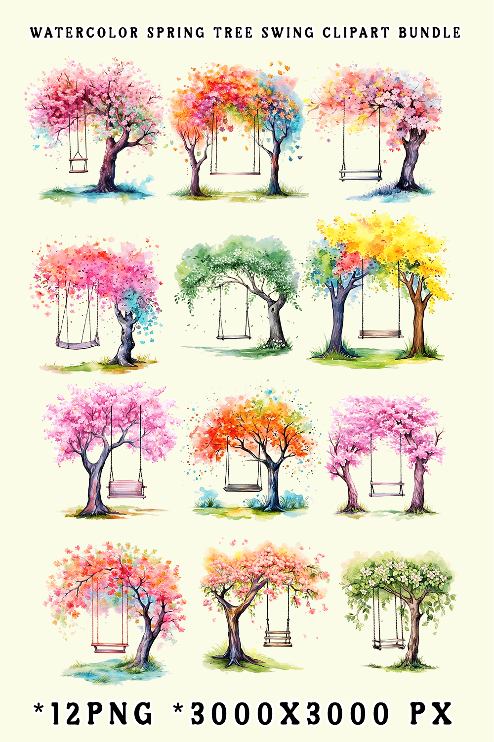 Watercolor Spring Tree Swing Clipart Bundle pinterest preview image.