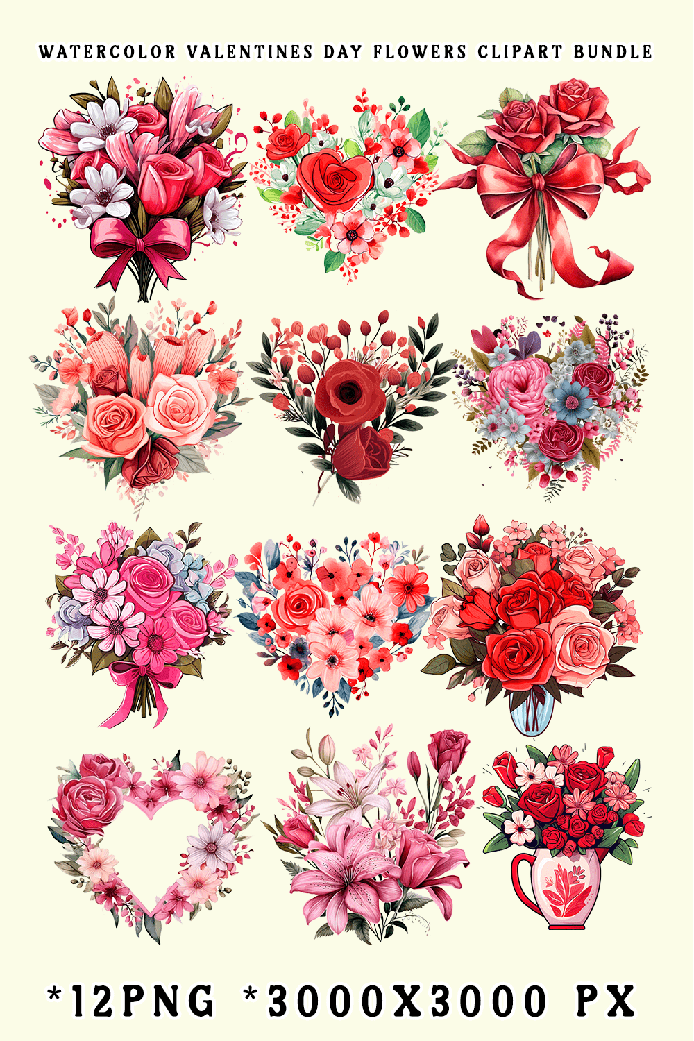 Watercolor Valentines Day Flowers Clipart Bundle pinterest preview image.