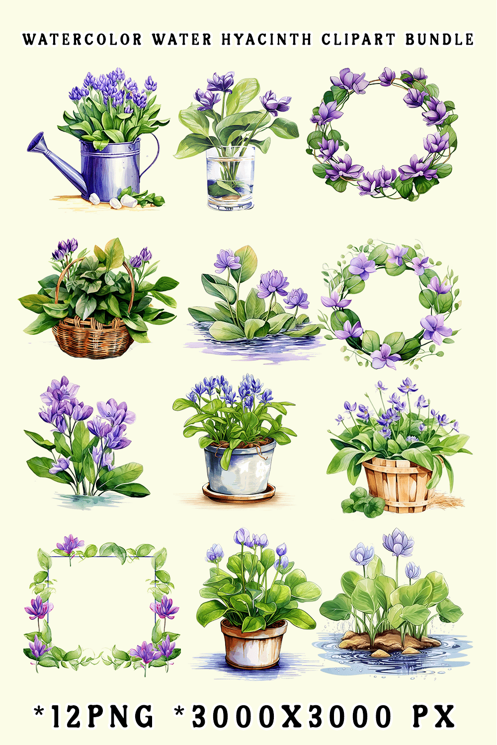 Watercolor Water Hyacinth Clipart Bundle pinterest preview image.