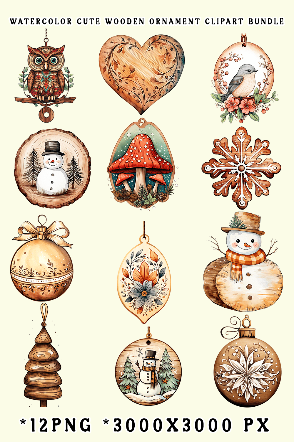 Watercolor Cute Wooden Ornament Clipart Bundle pinterest preview image.