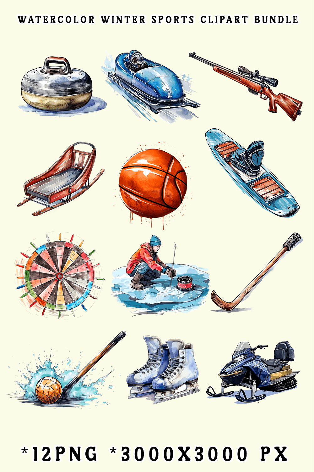 Watercolor Winter Sports Clipart Bundle pinterest preview image.