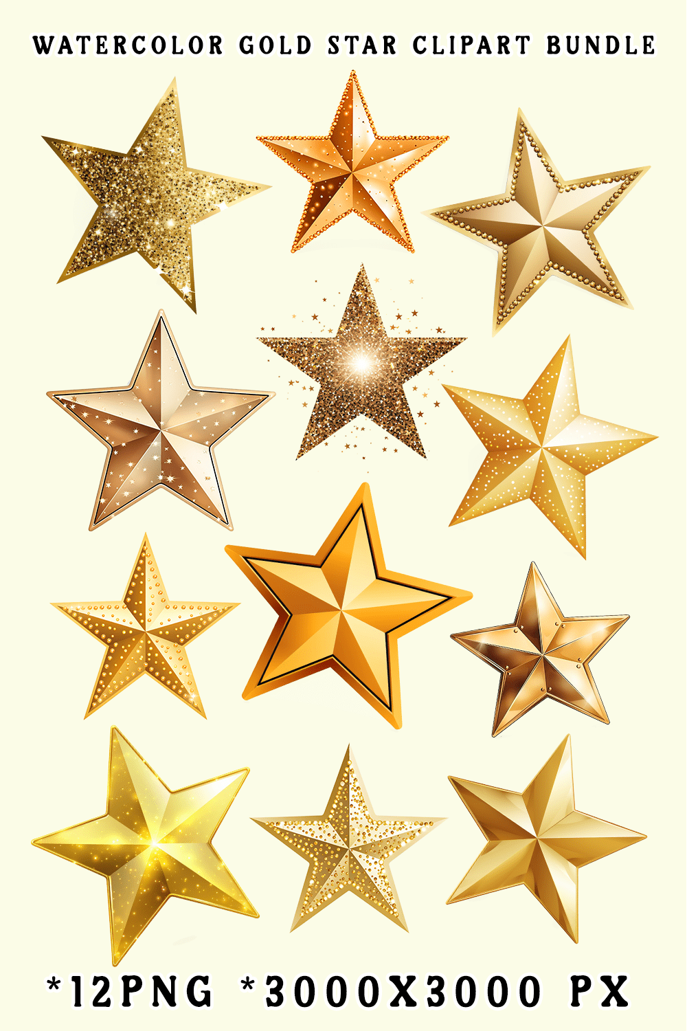 Watercolor Gold Star Clipart Bundle pinterest preview image.