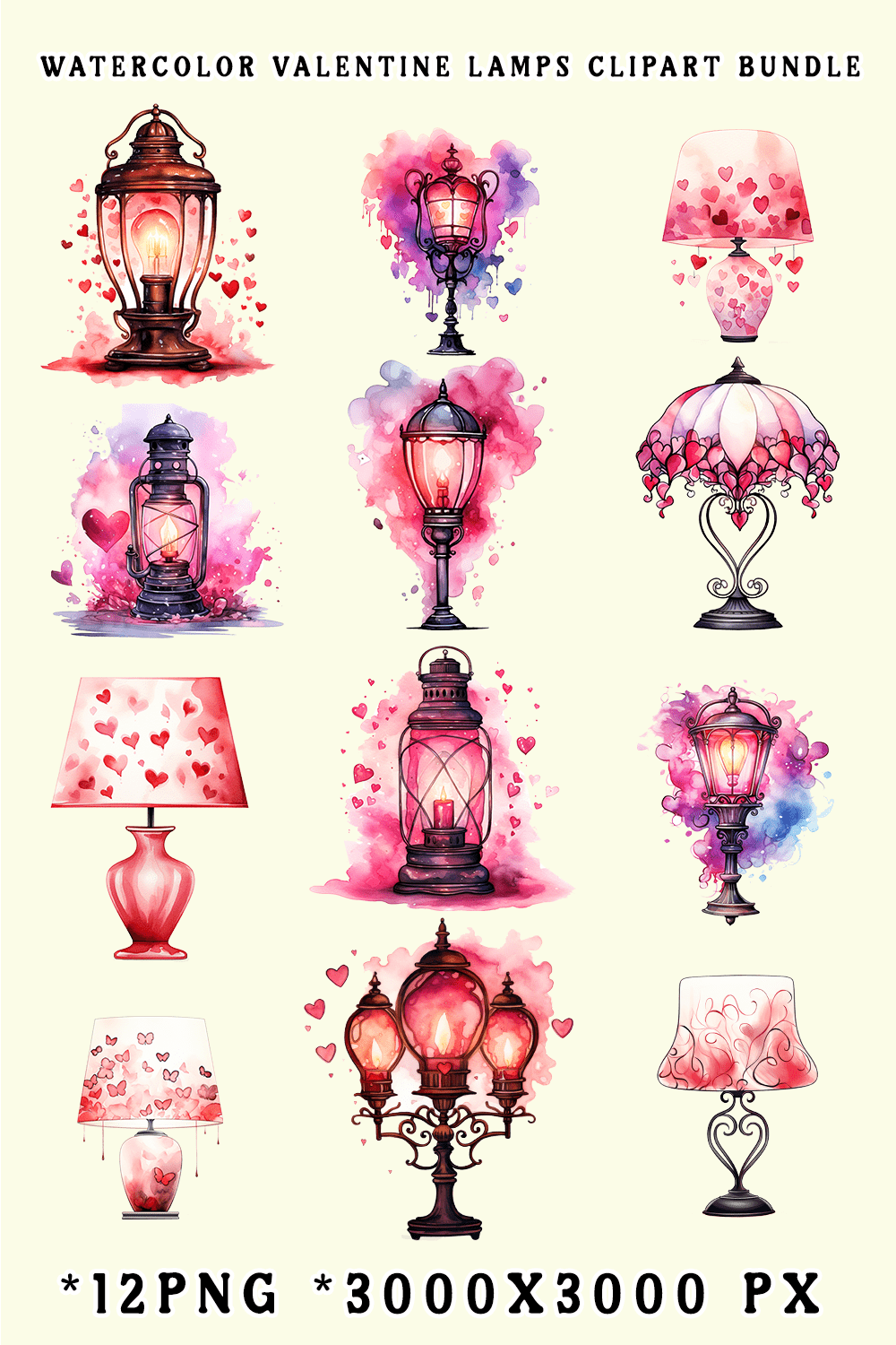 Watercolor Valentine Lamps Clipart Bundle pinterest preview image.