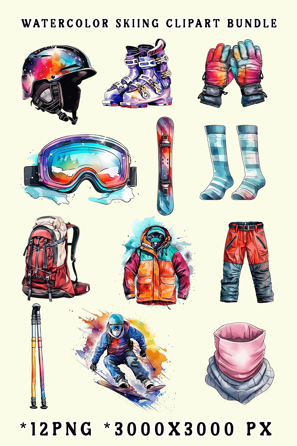 Watercolor Skiing Clipart Bundle pinterest preview image.