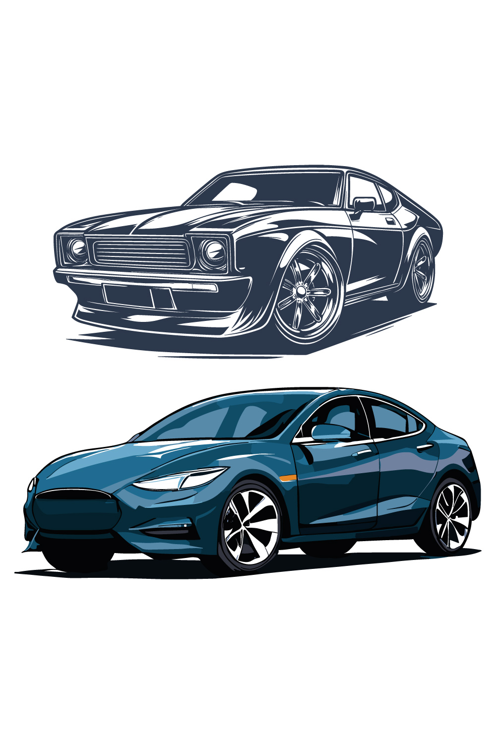 Illustration of sport car Mustang with two white strips pinterest preview image.