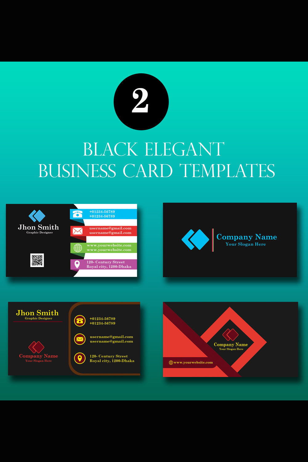 2 Black Creative Elegant Business Card Template pinterest preview image.