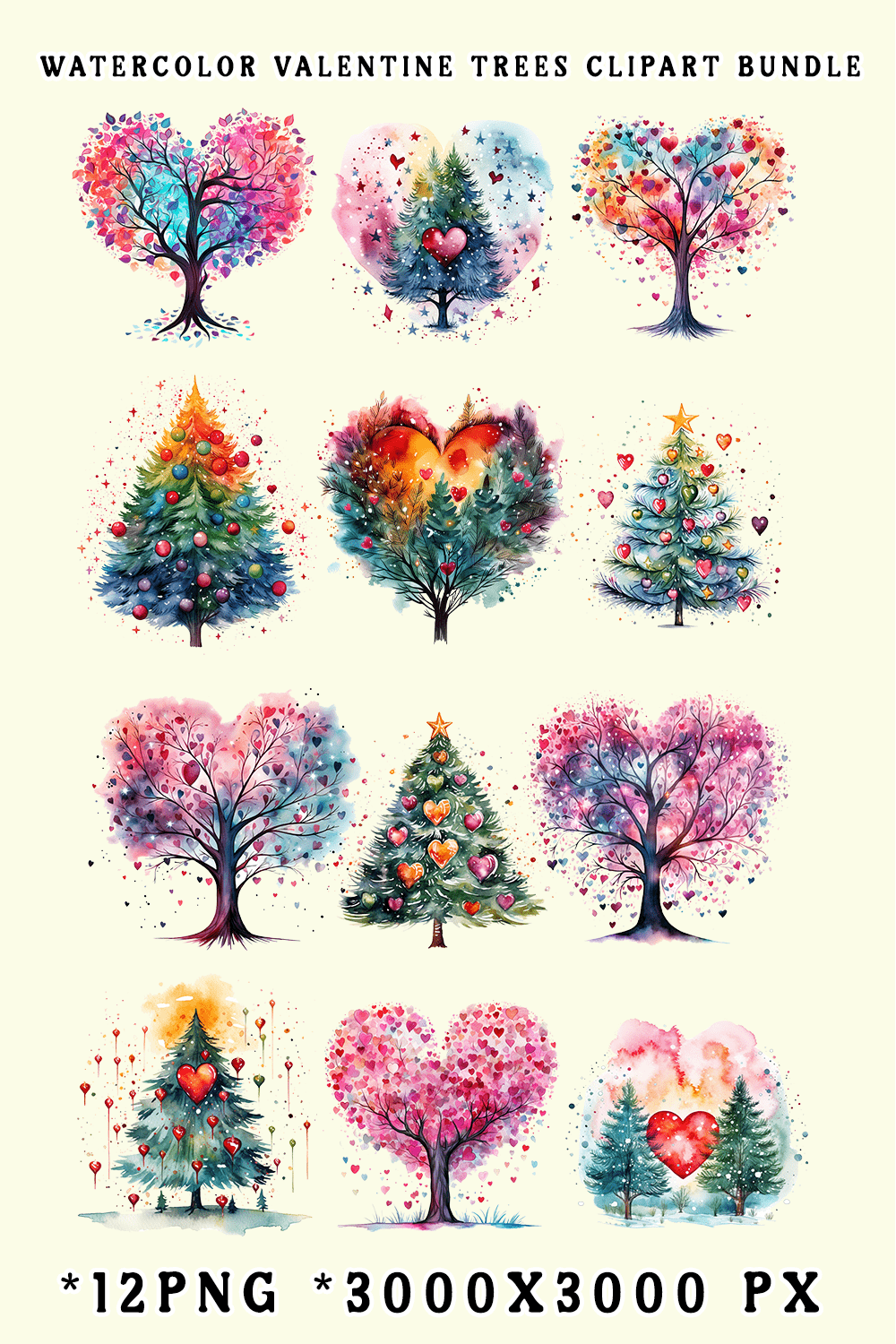 Watercolor Valentine Trees Clipart Bundle pinterest preview image.