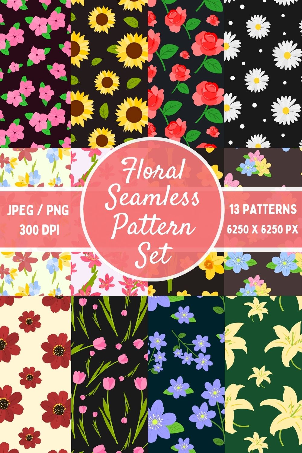 Floral Seamless Pattern Set pinterest preview image.