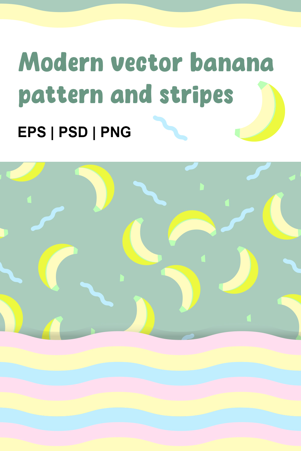All eyes on your product with this design! Exclusive and modern Banana and color striped pattern design for your successful projects! pinterest preview image.