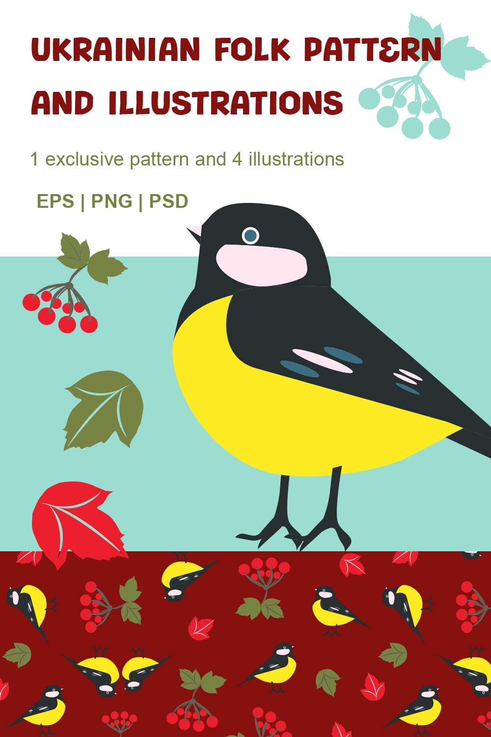 Exclusive cute and modern Ukrainian folk pattern and illustrations Colored background pattern Cartoon Illustration pinterest preview image.