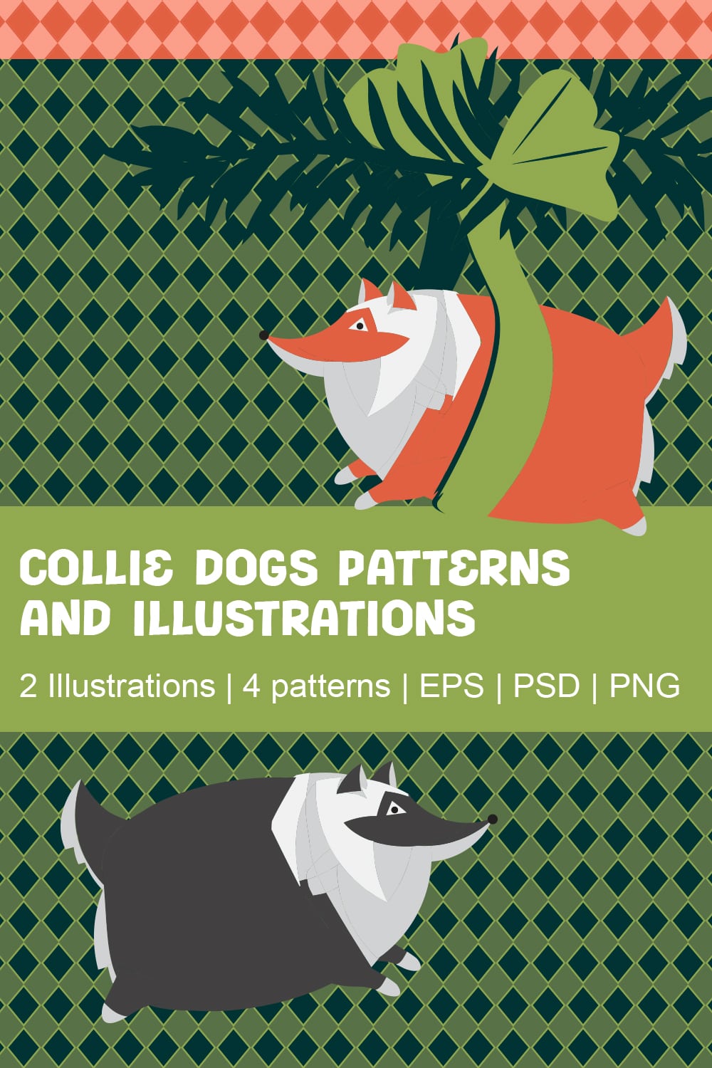 Exclusive cute and modern new year style Collie Dog illustrations and patterns Colored background patterns Holiday Illustration clip art bundle, Cartoon Illustration pinterest preview image.