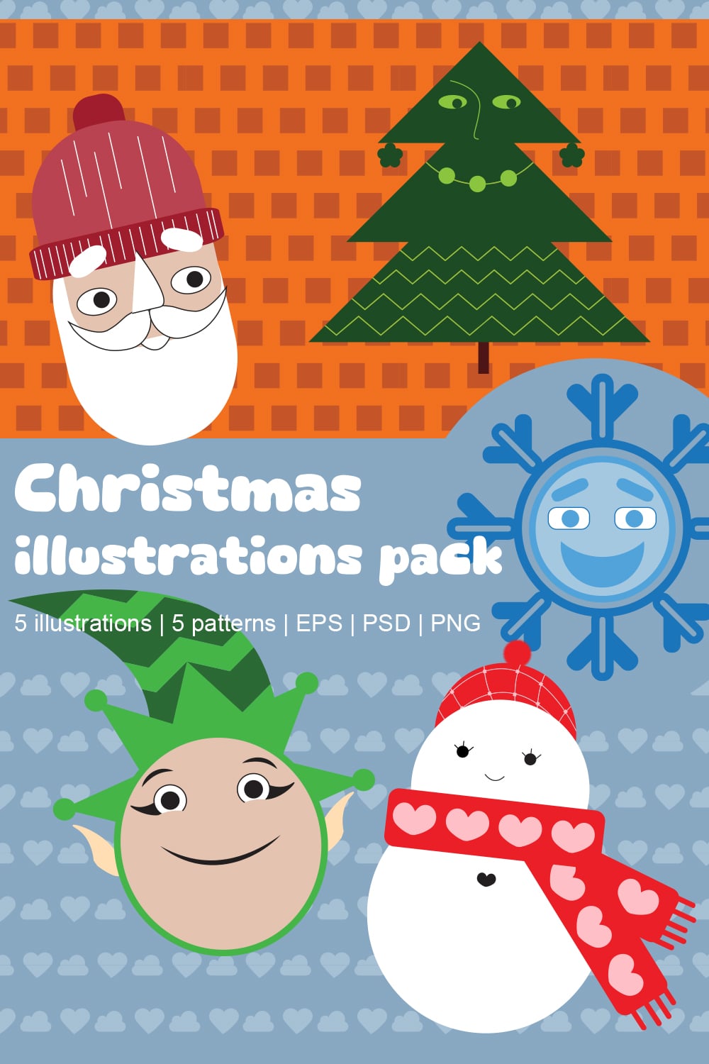 Cute modern style December Christmas characters Santa Claus Christmas Tree Elf, Snowflake, Snowman, colored background patterns Holiday Illustration clip art bundle, Cartoon Illustration pinterest preview image.