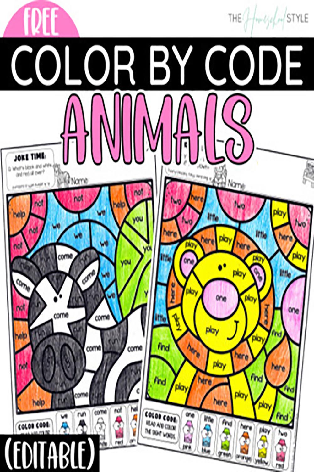 Color by Sight Word Color by Code Pre-Primer and Primer Editable Animals pinterest preview image.