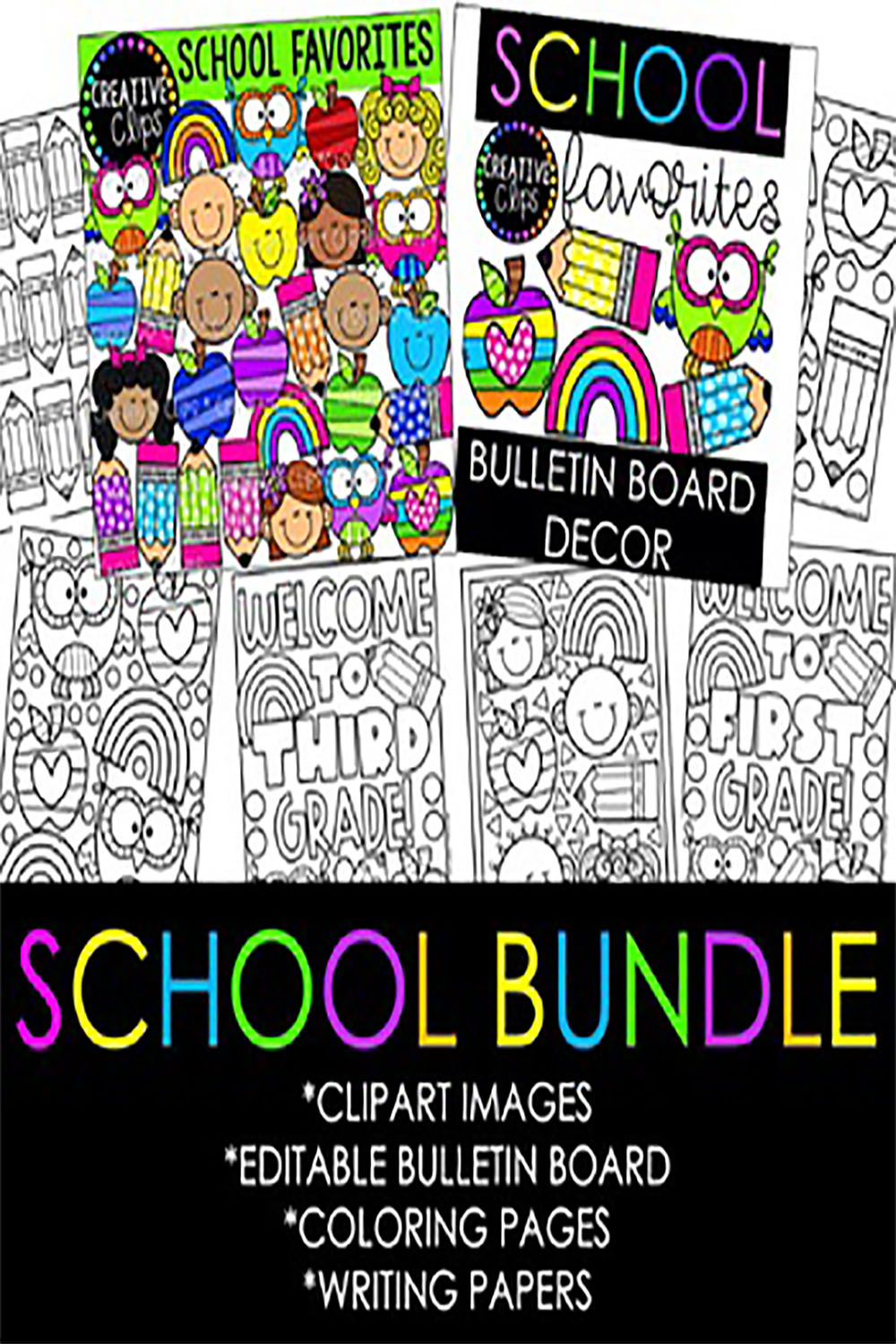 Back to School Clipart, School Bulletin Board, Coloring Pages and Door Decor pinterest preview image.