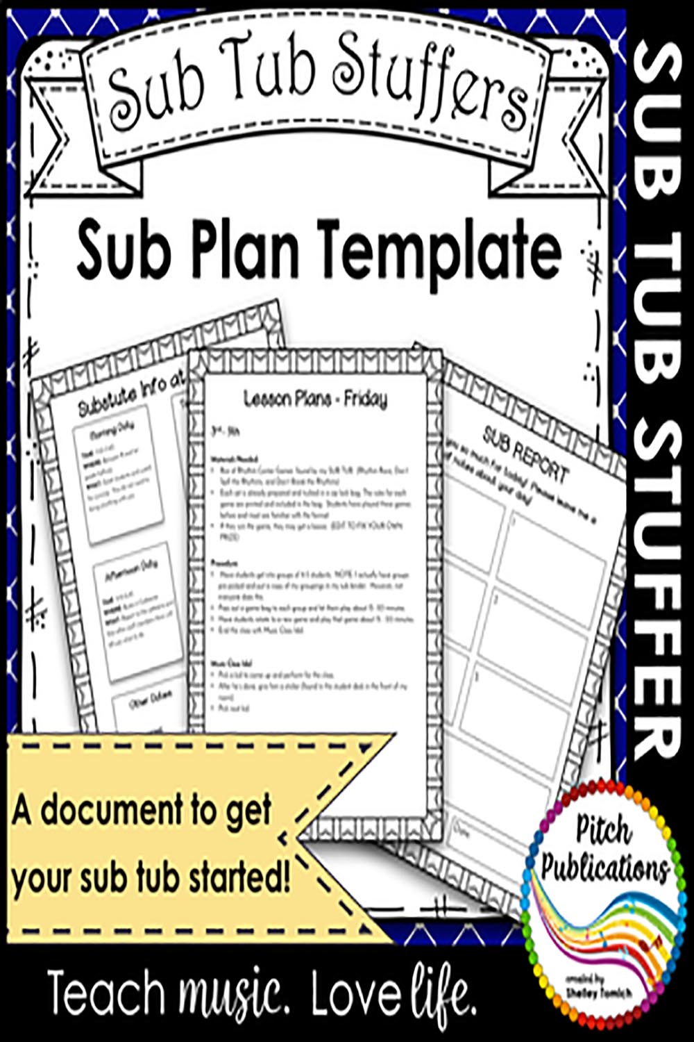 Music Sub Tub Stuffers: Music Sub Plan Template - Substitute Plans Editable pinterest preview image.