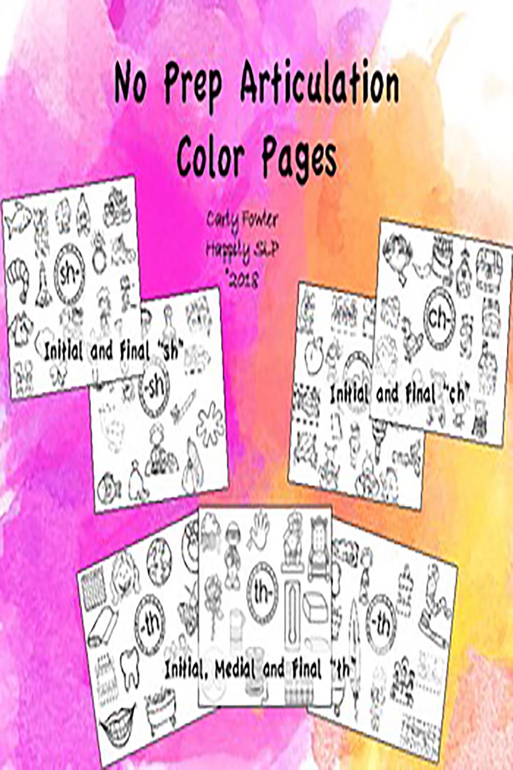 No Prep Articulation Coloring Pages for "sh" "ch" and "th" pinterest preview image.