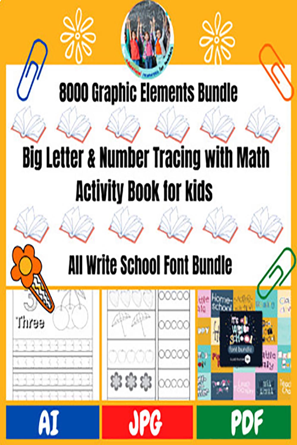 8000 Graphic Elements Bundle+A to z letter design+All Write School Font Bundle pinterest preview image.