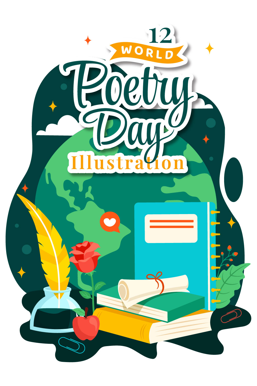 12 World Poetry Day Illustration pinterest preview image.