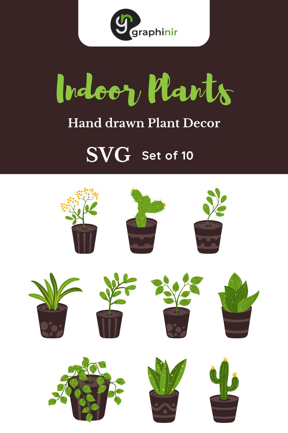 Set of 10 Vector Indoor Houseplant For Home decor and Gardening, Potted Plant pinterest preview image.