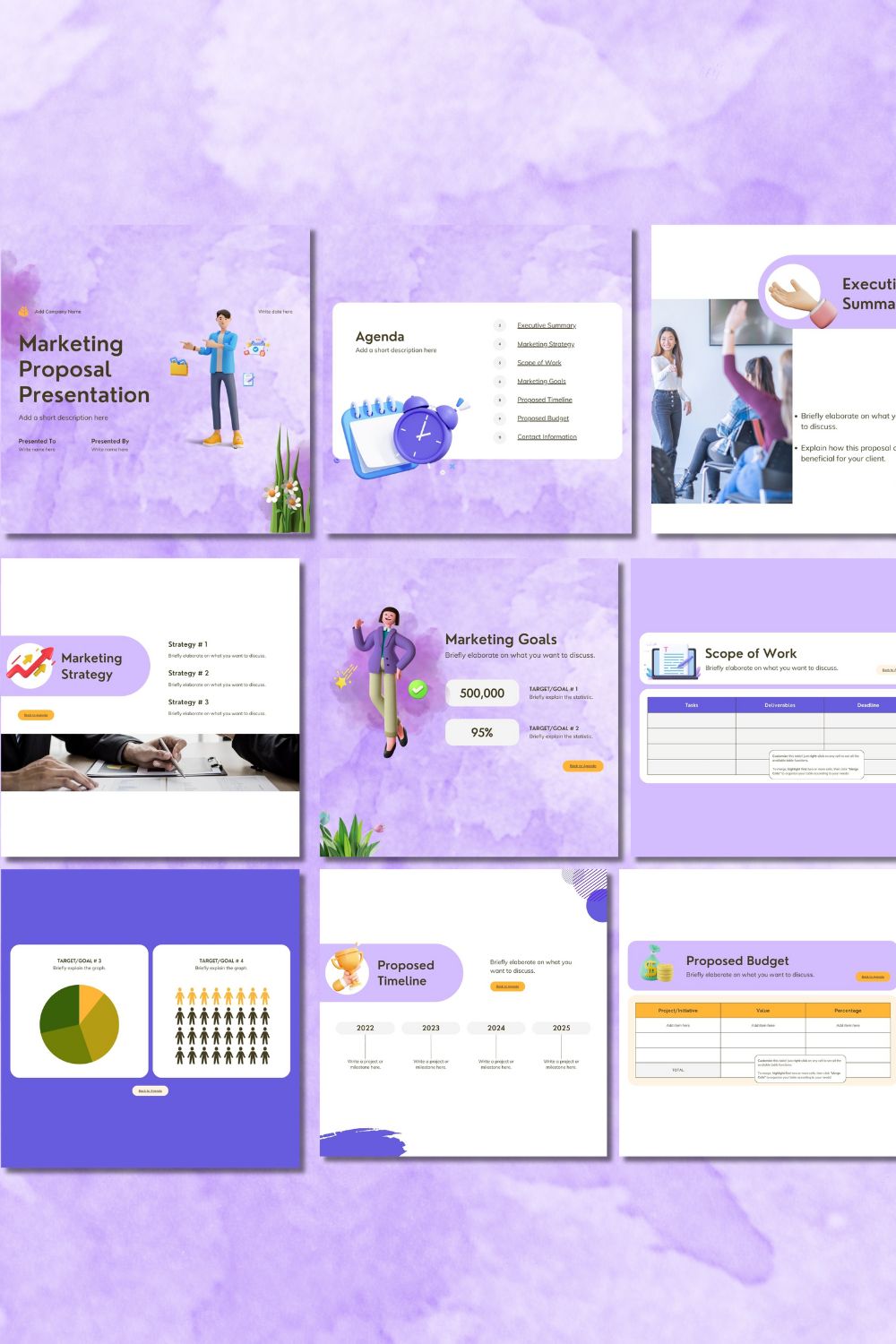3D Presentation design template about marketing business proposals with a purple background pinterest preview image.