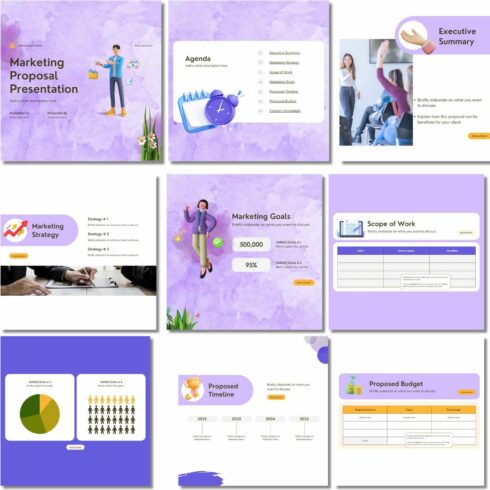 3D Presentation design template about marketing business proposals with a purple background cover image.