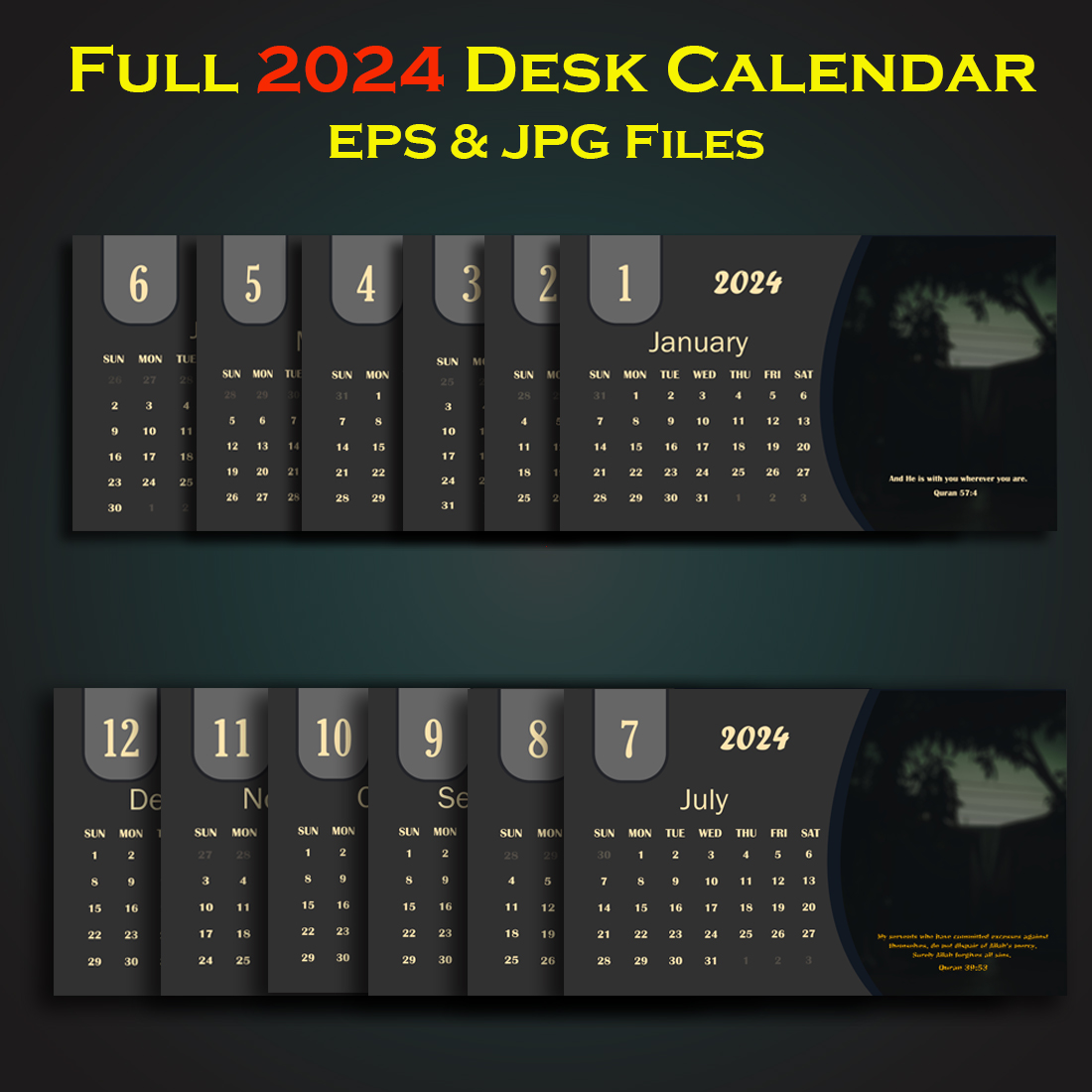2024 All months Black Desk Calendar With Islamic Quotes cover image.