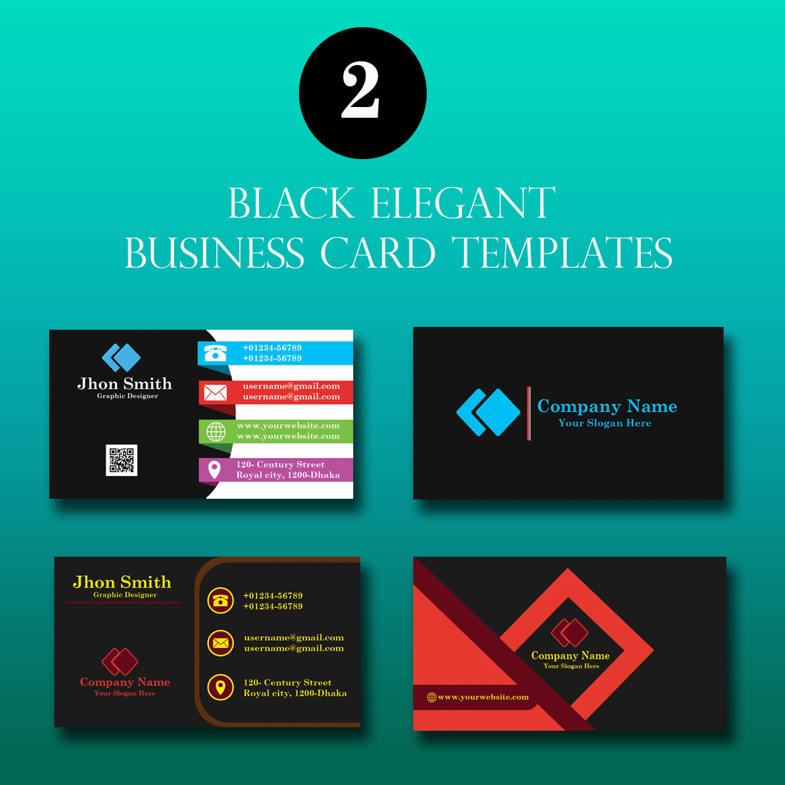 2 Black Creative Elegant Business Card Template preview image.