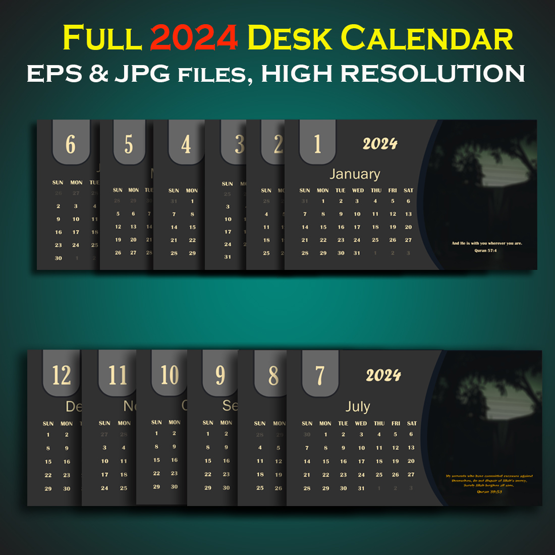 2024 All months Black Desk Calendar With Islamic Quotes preview image.