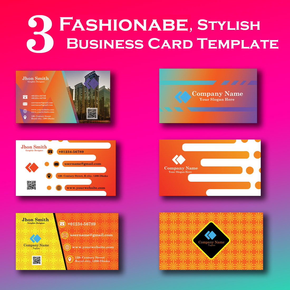 3 Fashionable Stylish Business Card Template preview image.