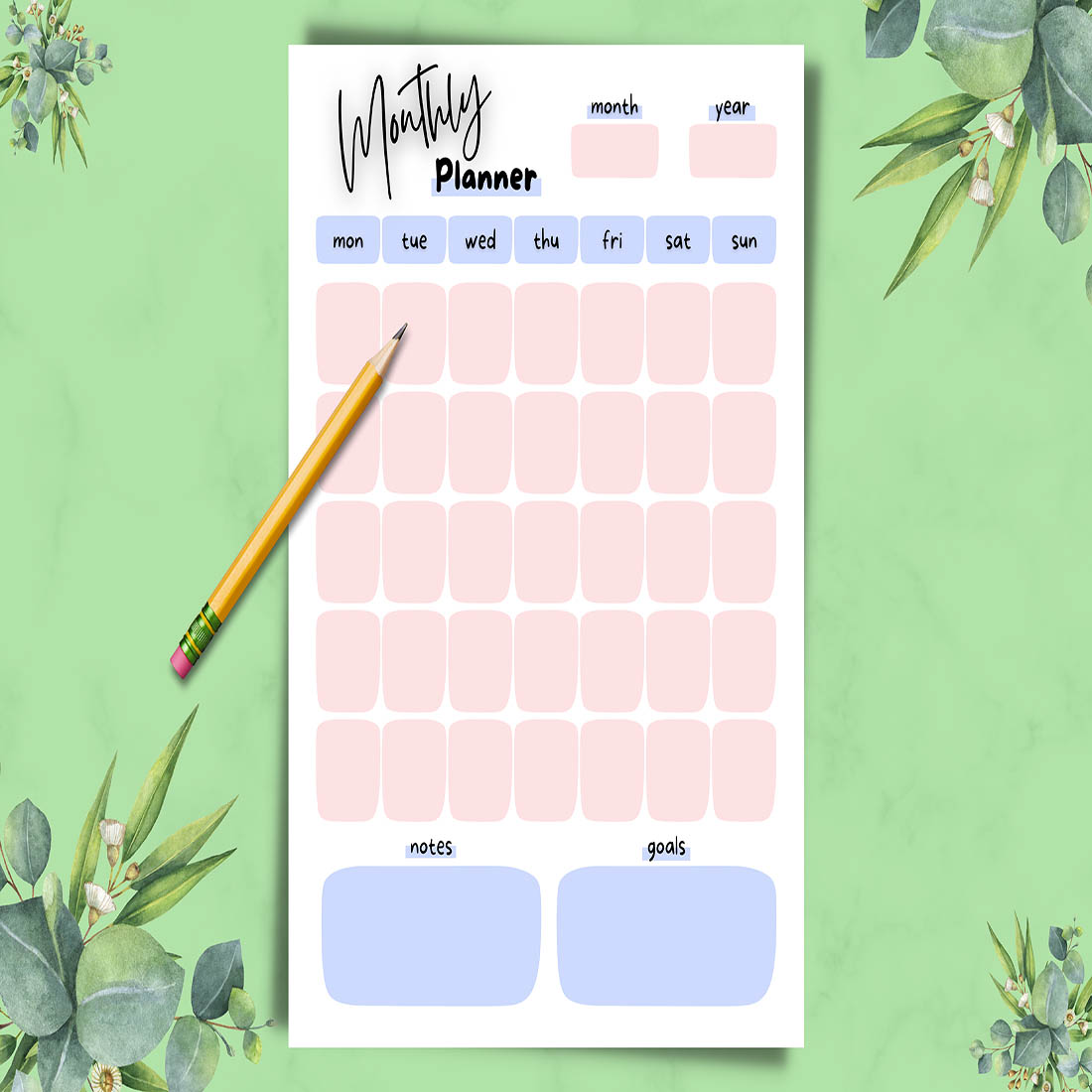 Printable Monthly Planner Page Canva Template preview image.