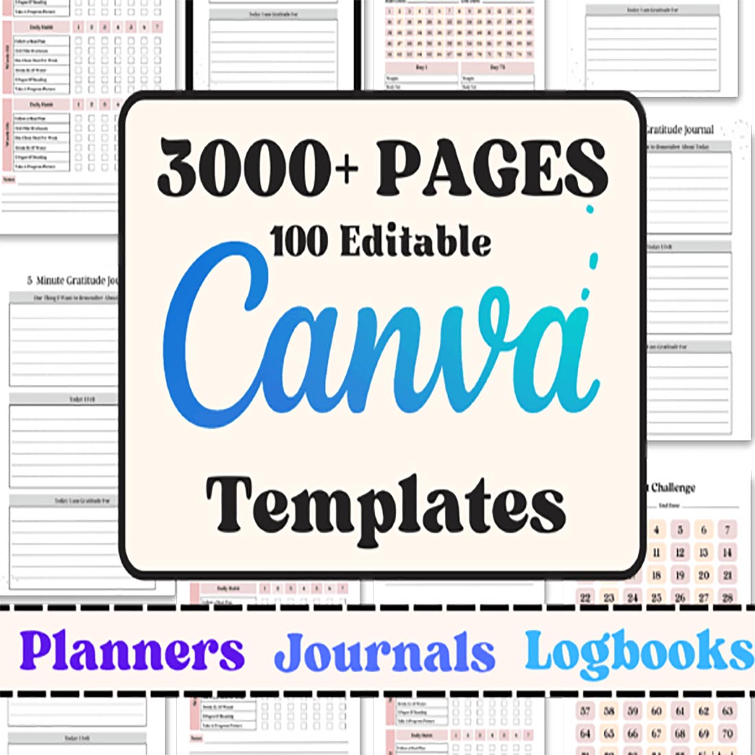 100 Editable Canva Planners Templates preview image.