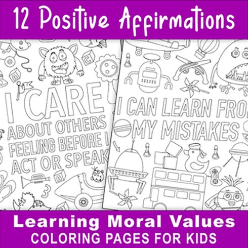 12 Positive Affirmation Colouring Pages for Kids - Learning Moral Values cover image.