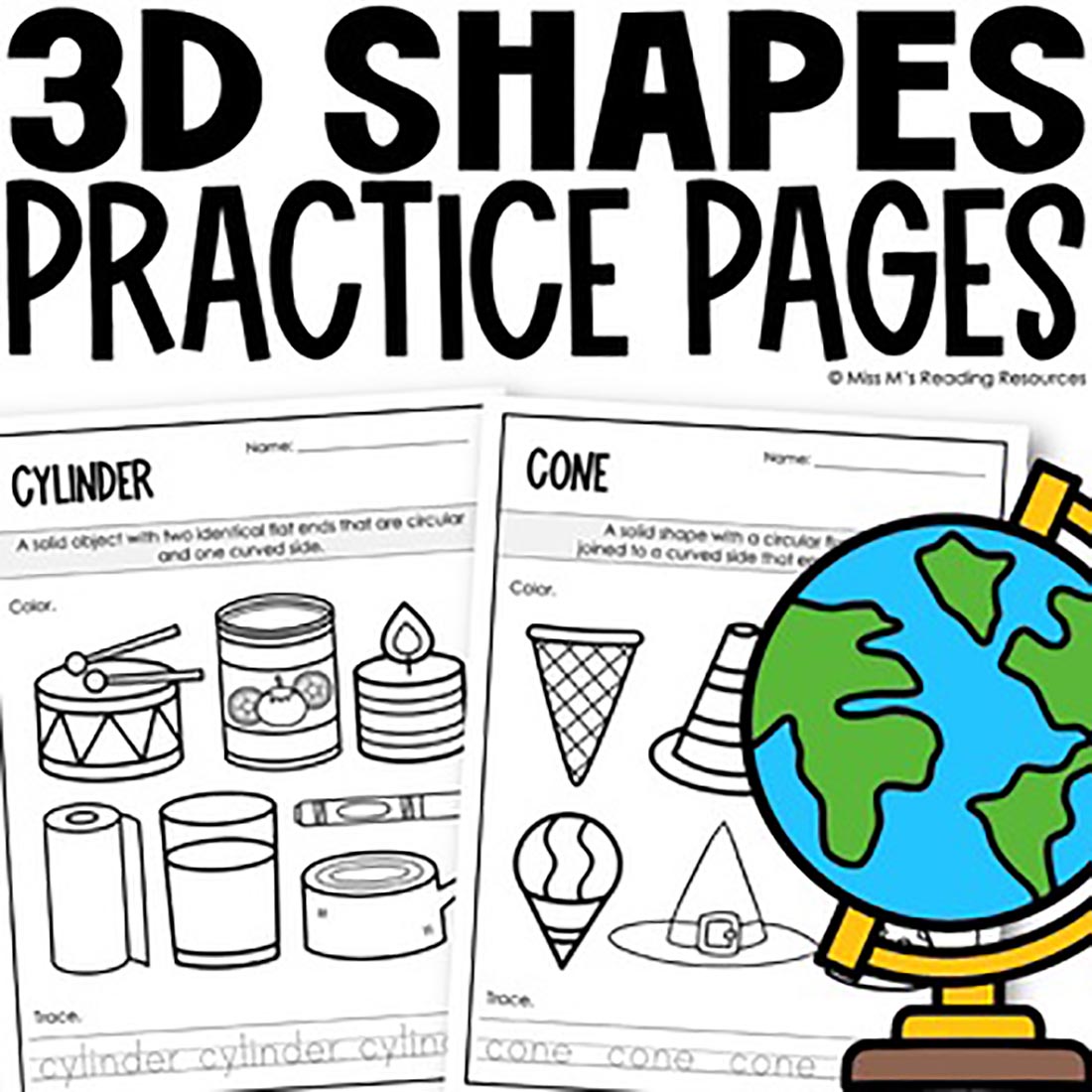 3D Shape Worksheets Kindergarten Math from Miss M's Reading Resources cover image.