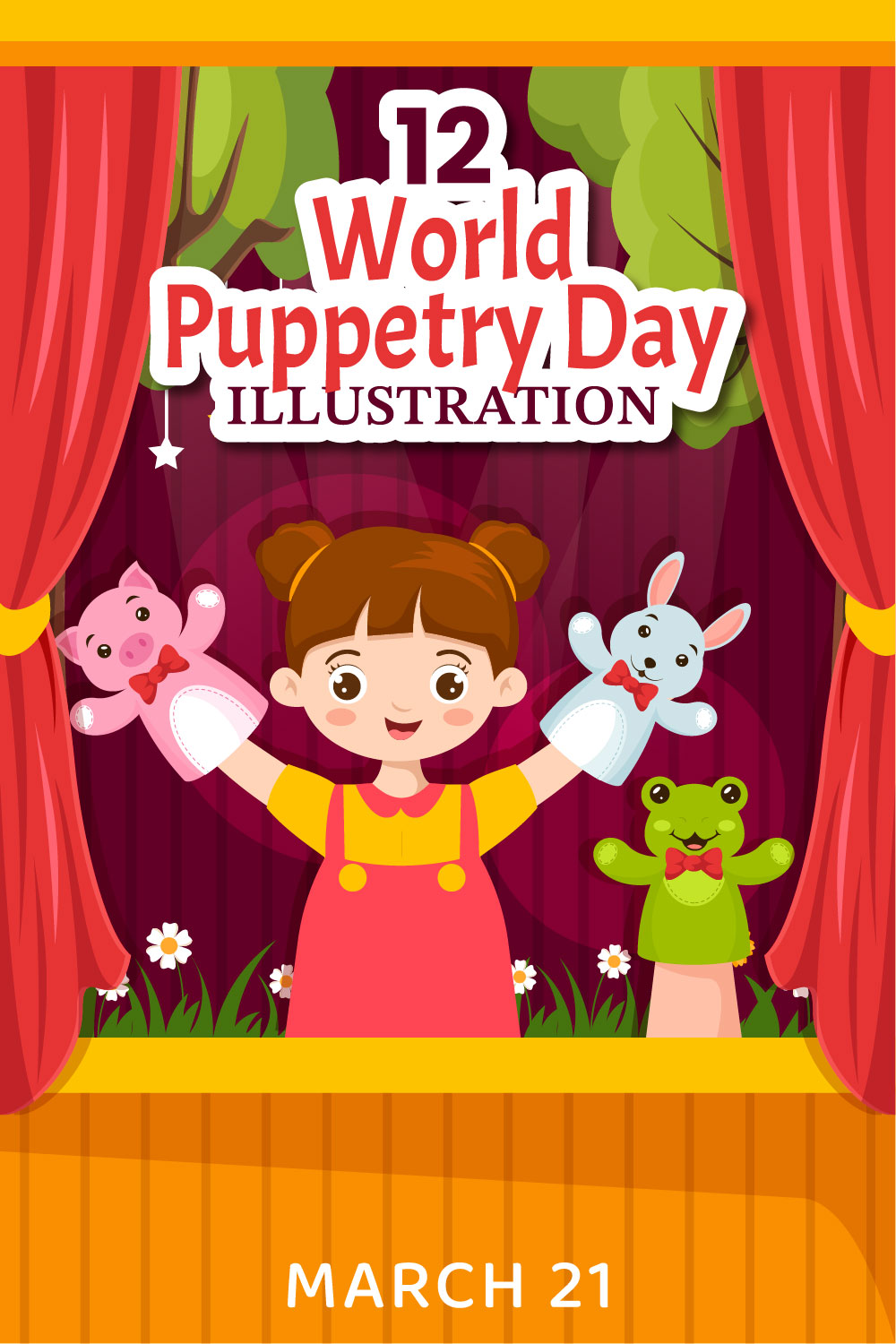 12 World Puppetry Day Illustration pinterest preview image.