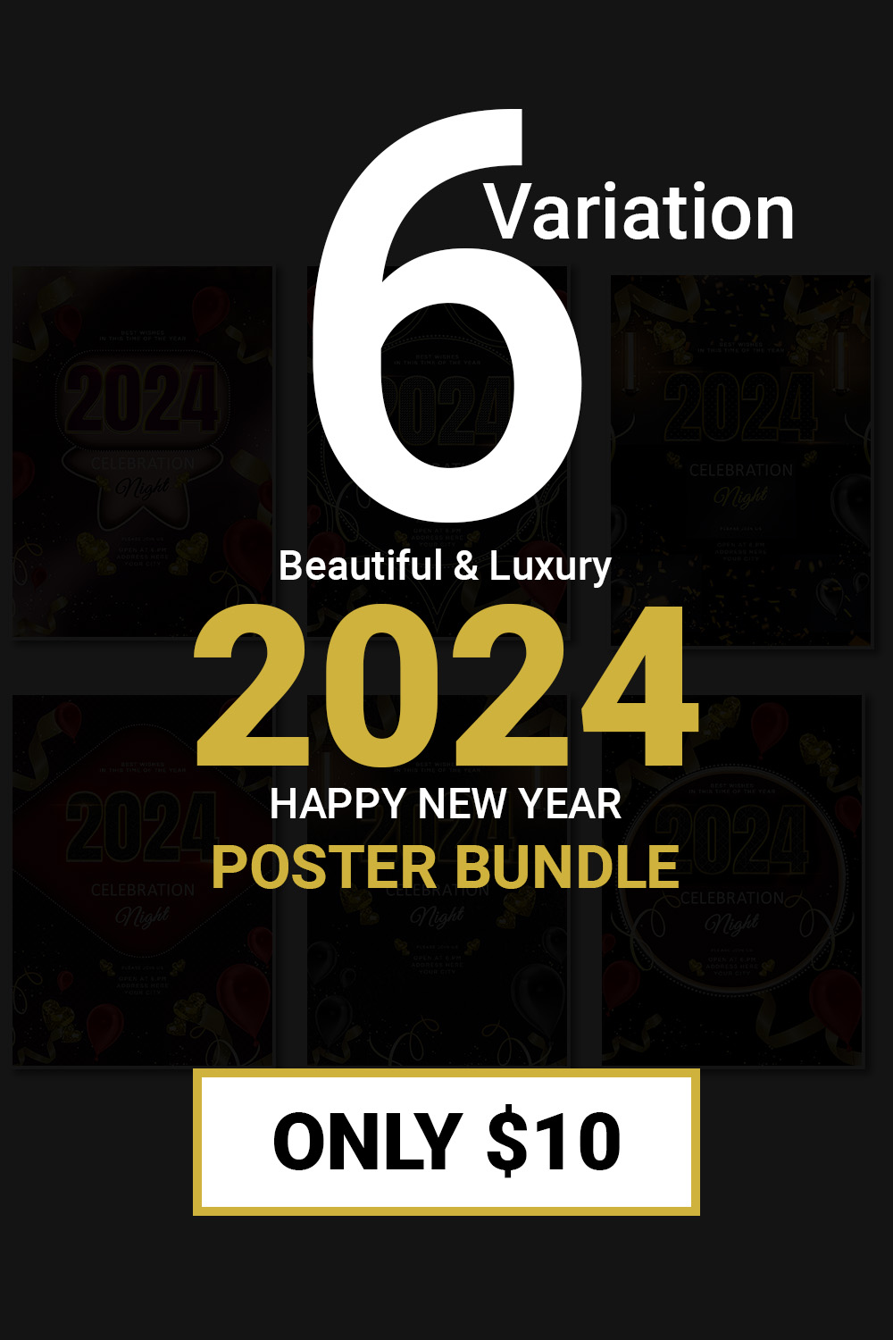 6 in 1 Beautiful & Luxury 2024 Happy New Year Poster Bundle Only $10 pinterest preview image.