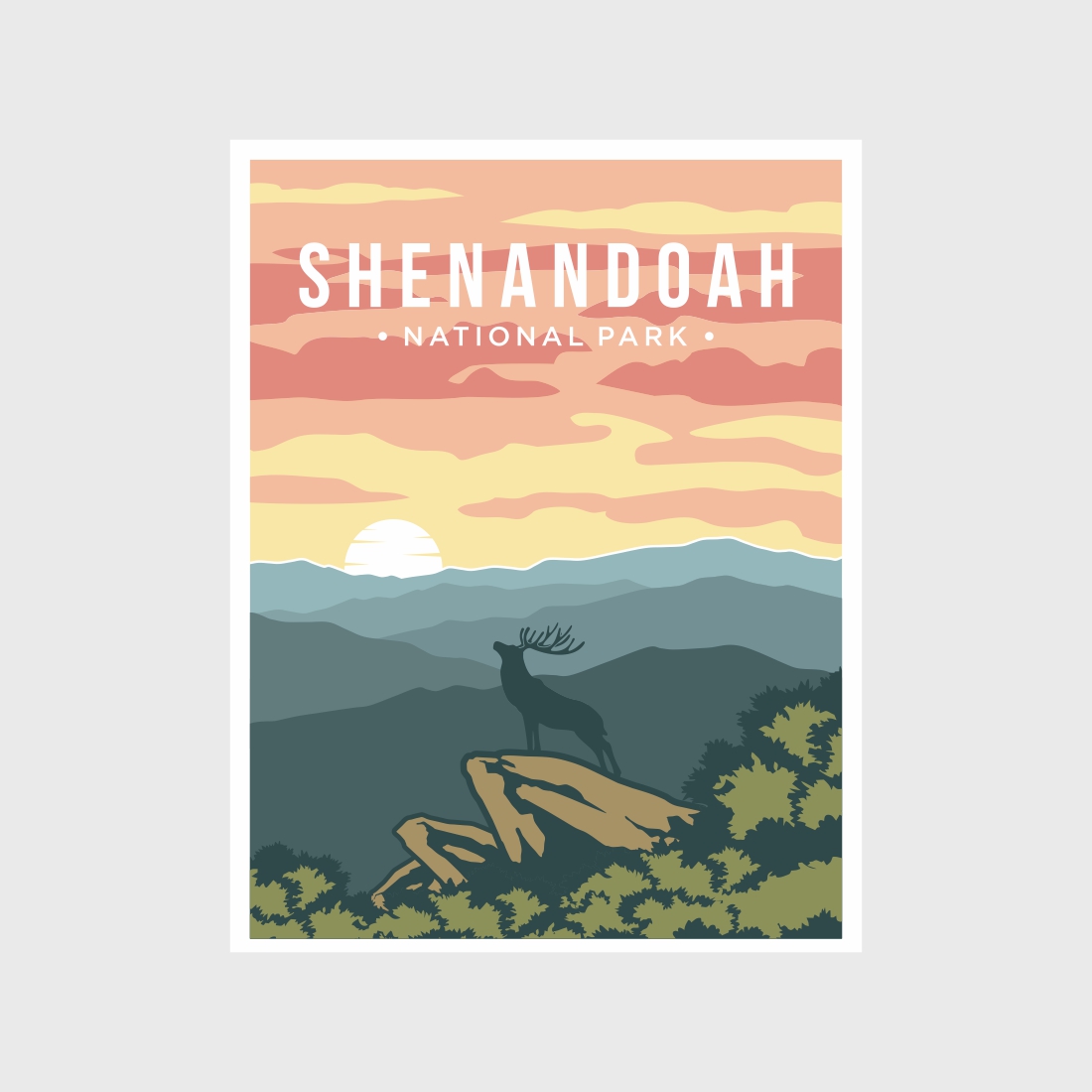 Shenandoah National Park poster vector illustration, beautiful deer and mountains view poster cover image.