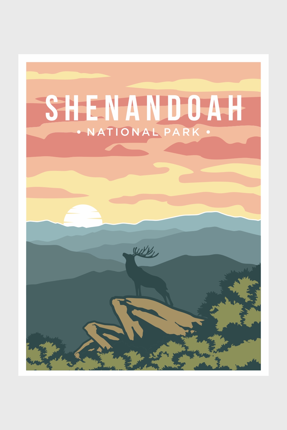 Shenandoah National Park poster vector illustration, beautiful deer and mountains view poster pinterest preview image.