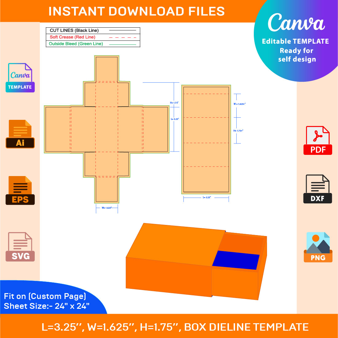 Slide Match Box, Dieline Template, SVG, EPS, PDF, DXF, Ai, PNG, JPEG cover image.