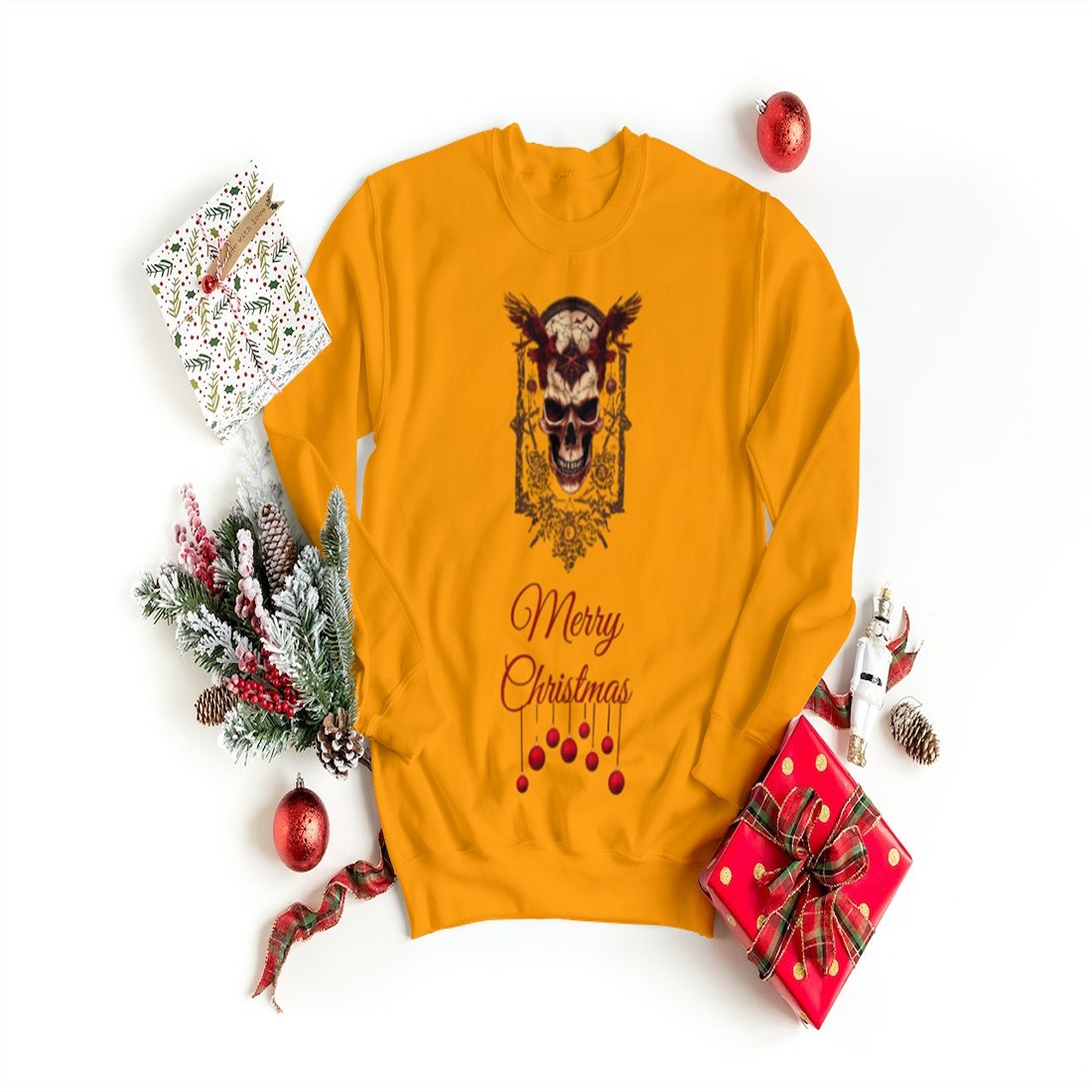Merry Christmas - Skulls T-shirt Design Template preview image.