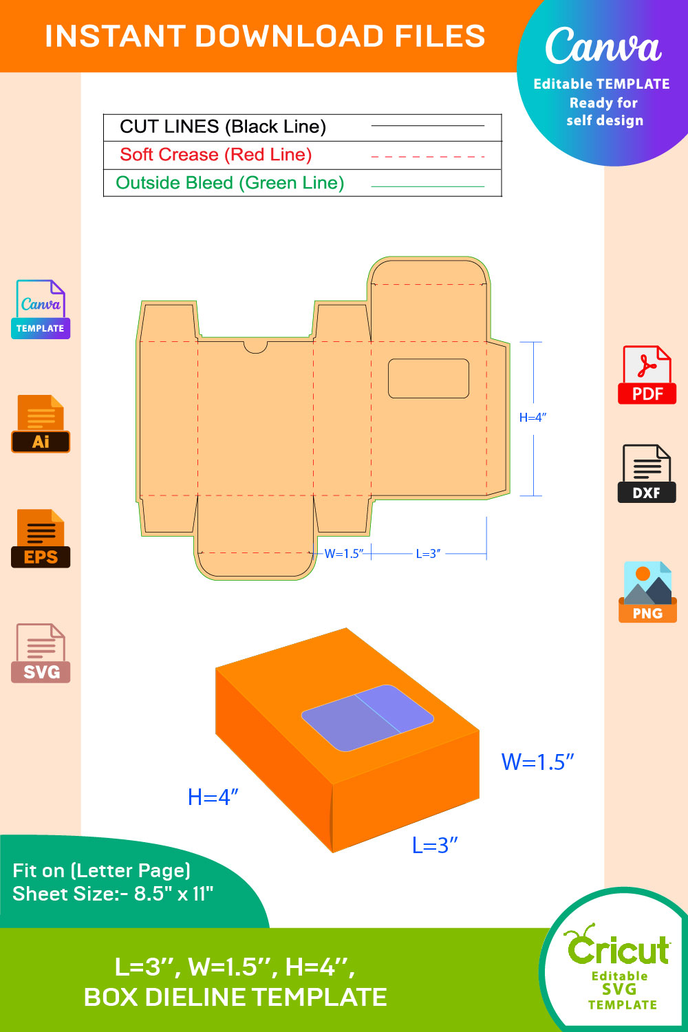 Soap Box Window Dieline Template Ai, EPS, PDF, DXF, SVG, PNG, JPG File pinterest preview image.