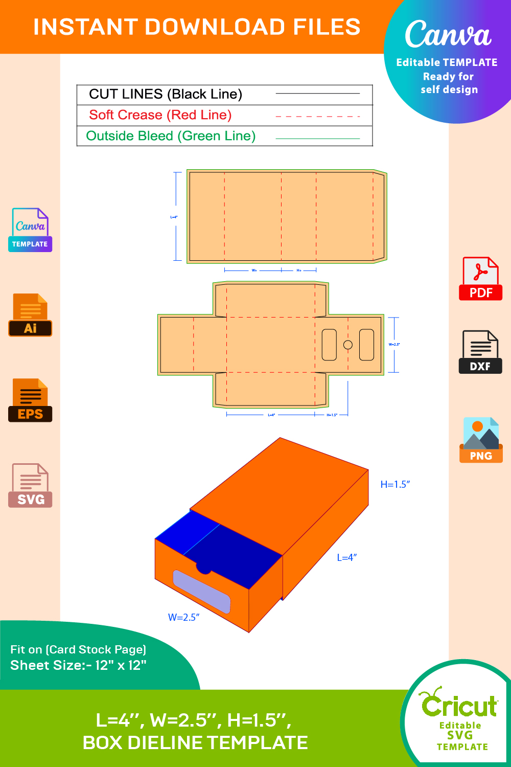 Square Box With Lid, Favor Gift Box Dieline Template SVG, Ai, EPS, PDF, JPG, PNG, DXF File pinterest preview image.