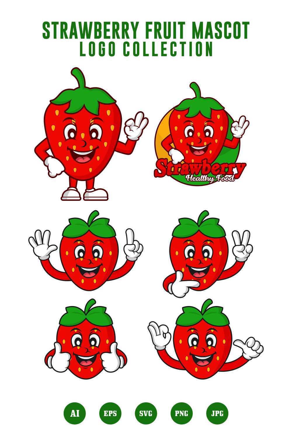 Set Strawberry fruit mascot design collection - $8 pinterest preview image.