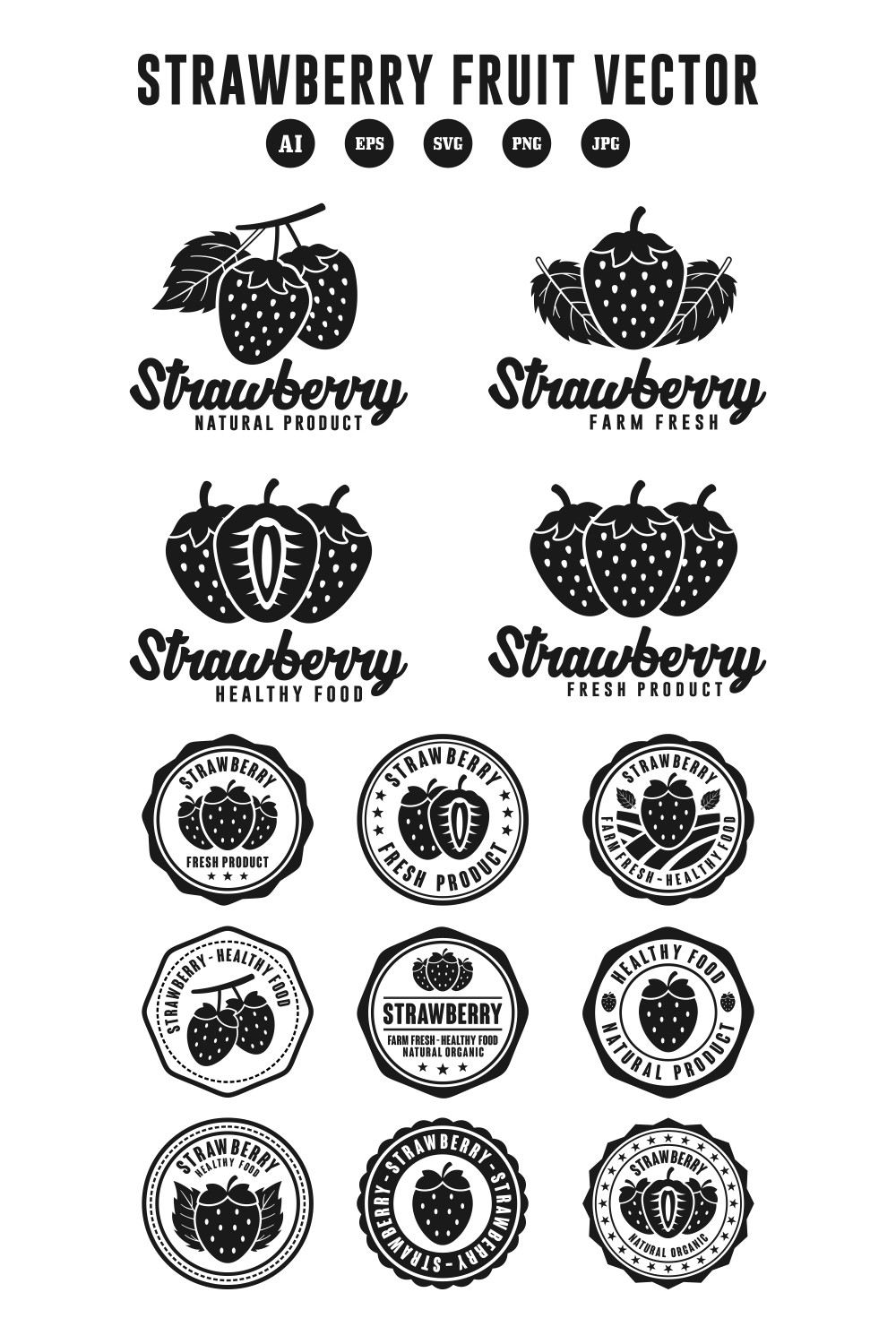 Set Strawberry fruit vector stamps logo design - $6 pinterest preview image.