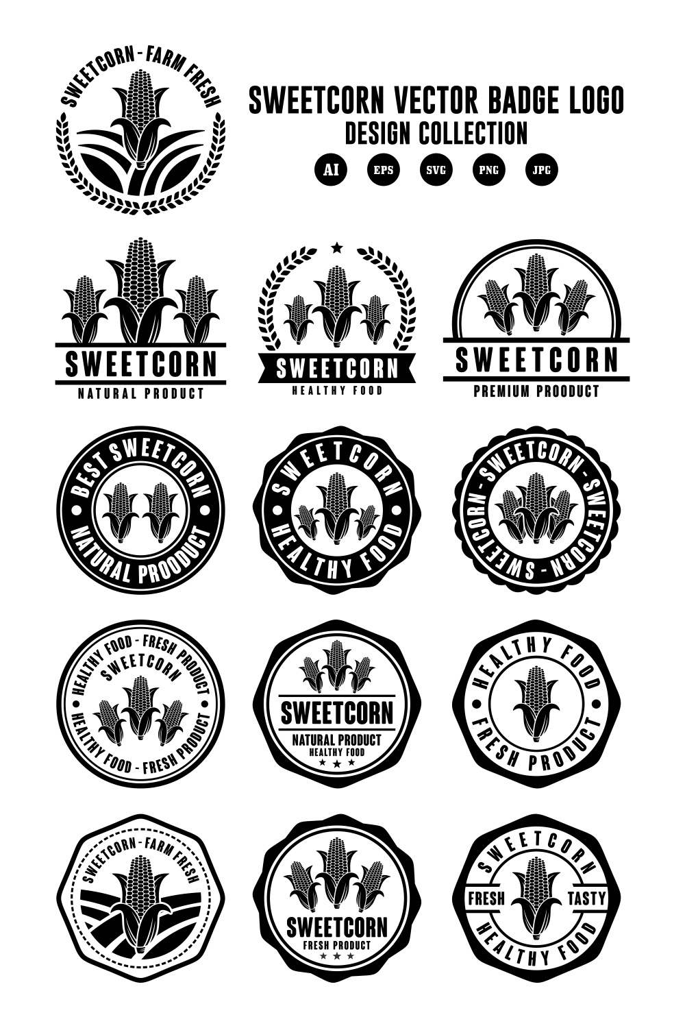 Set Sweetcorn vector badge design collection - $6 pinterest preview image.